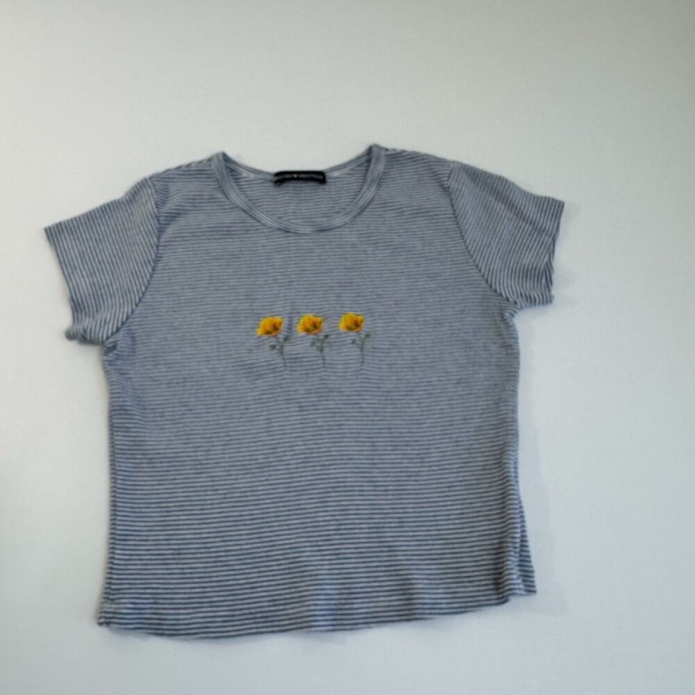 Brandy Melville Cropped Top Women's OS Blue White Strip Tee 3 Yellow Flower